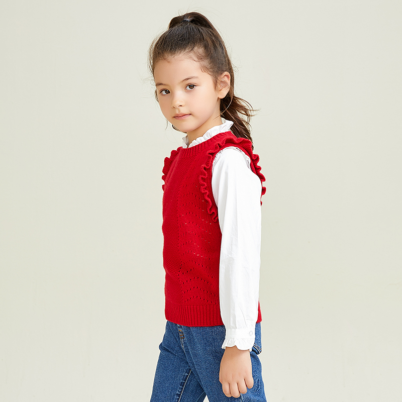 Gilet à enfiler sans manches à col rond pour filles avec motif de bord d'oreille tricoté