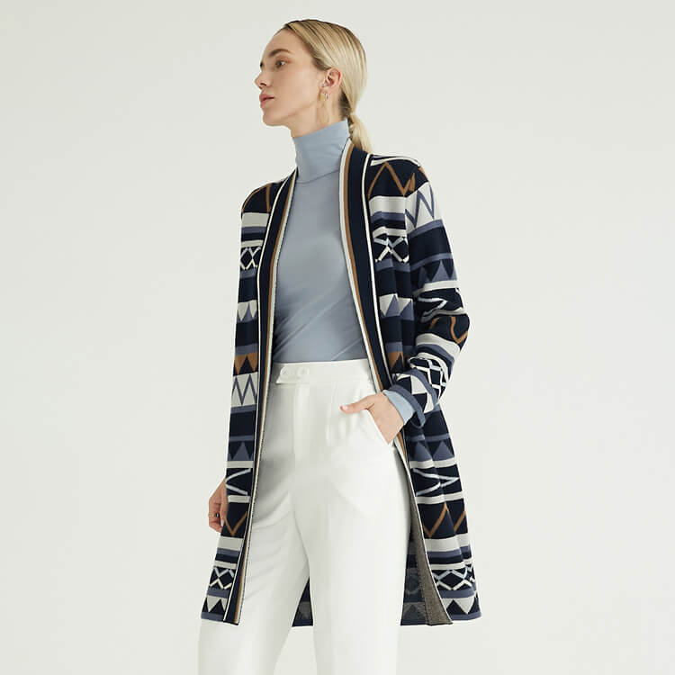 Manteau tricoté en laine mérinos et cachemire pour femme automne-hiver avec motif rayé