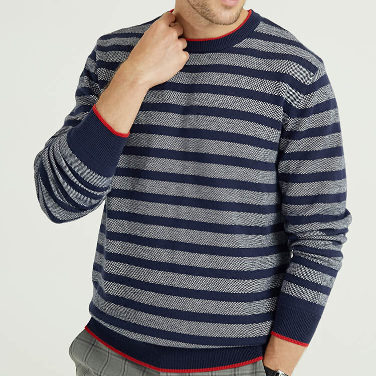 Pull en laine tricoté à manches longues et col rond à rayures pour hommes