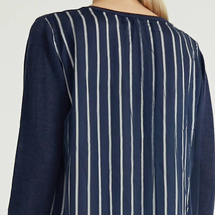 Pull en tricot bleu à col rond et à rayures en tulle pour femmes