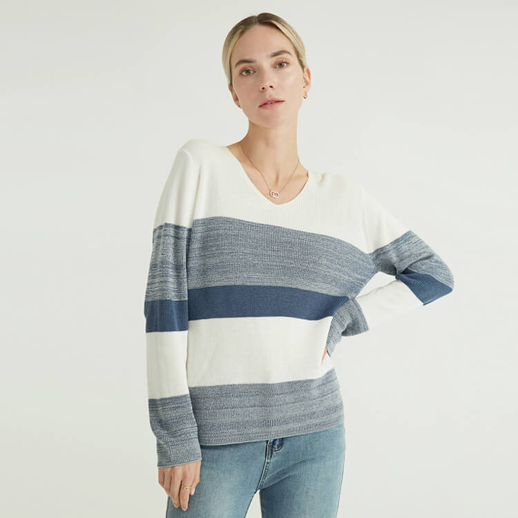 Pulls pour femmes tricotés à la mode à col en V de couleur contrastée simple pour les femmes