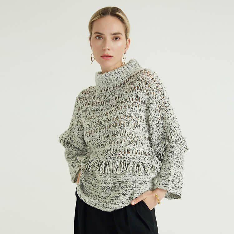 Demi Col Roulé À Franges Design Minimaliste Pull Tricoté Pull Femme