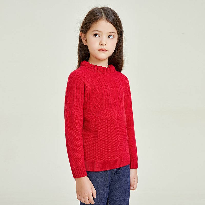 Pull à col rond en dentelle à manches longues rouge chaud pour filles