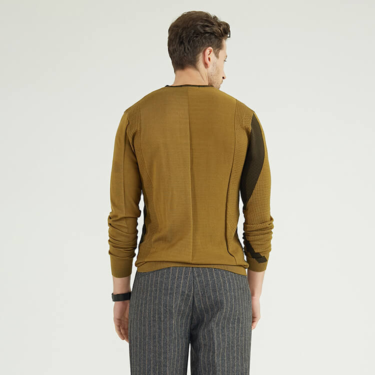 Col en V Tricoté Simple Contraste Couleur Patchwork Chandail à Manches Longues pour Homme