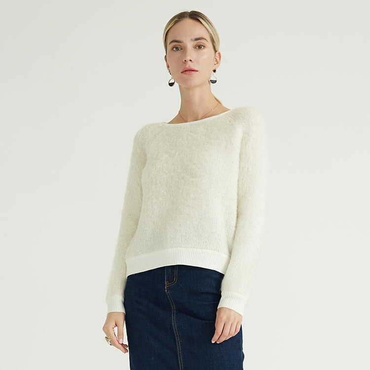 Solide col rond mode lâche pulls décontractés Mohair Crochet pull femmes