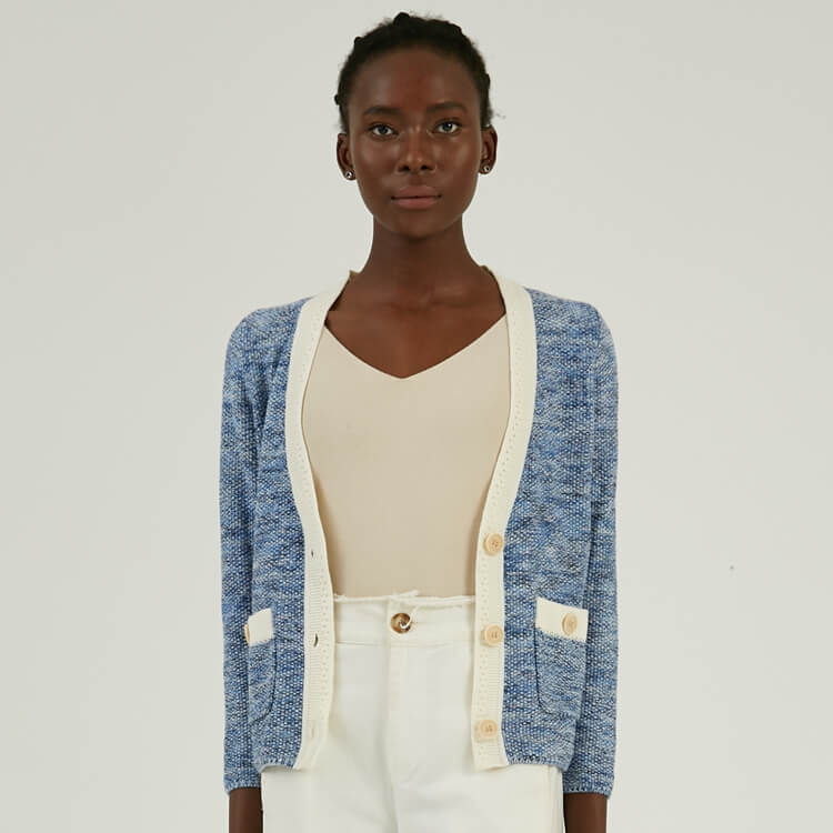 Veste de cardigan tricotée en tweed court boutonné 100% coton personnalisé pour les femmes