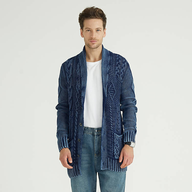 Manteau de cardigan long en détresse en tricot torsadé pour homme épais d'hiver personnalisé