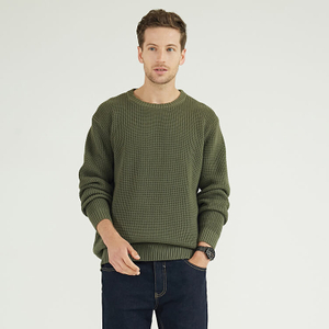 Pull en tricot à col rond vert armée 100 % coton bio durable pour homme d'hiver personnalisé