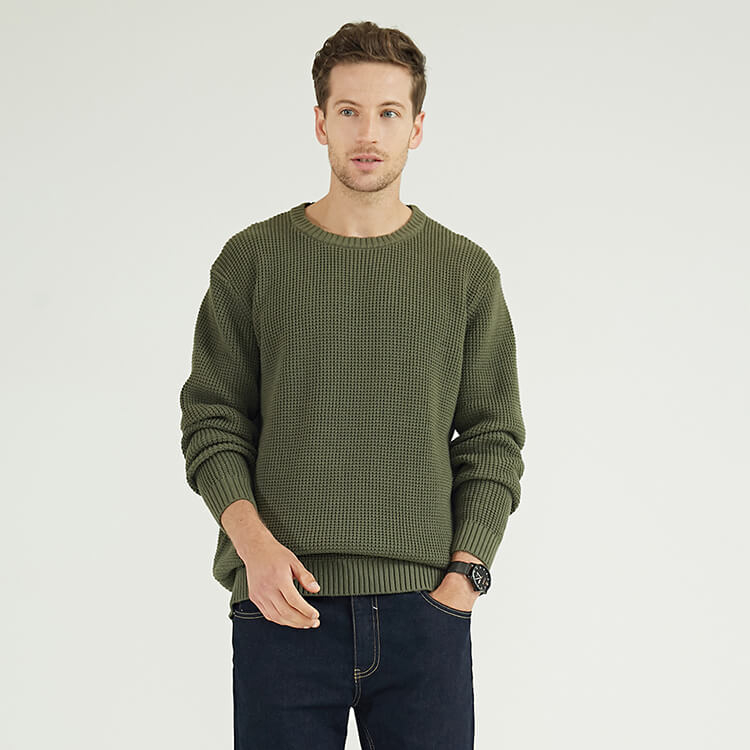 Pull en tricot à col rond vert armée 100 % coton bio durable pour homme d'hiver personnalisé