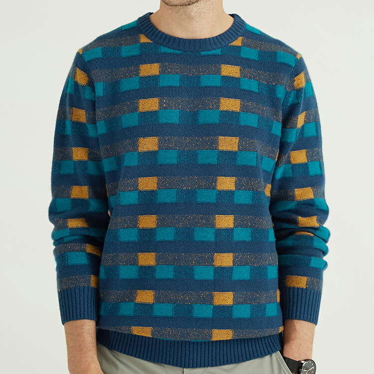 Chandail en tricot à carreaux intarsia long 100 % cachemire pour hommes de luxe personnalisé