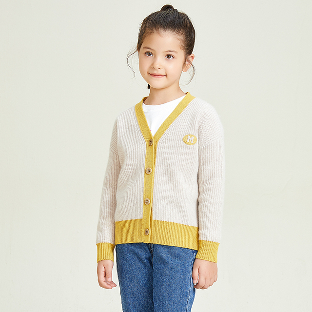 Cardigan jaune à manches longues et col en V à coutures contrastées pour filles