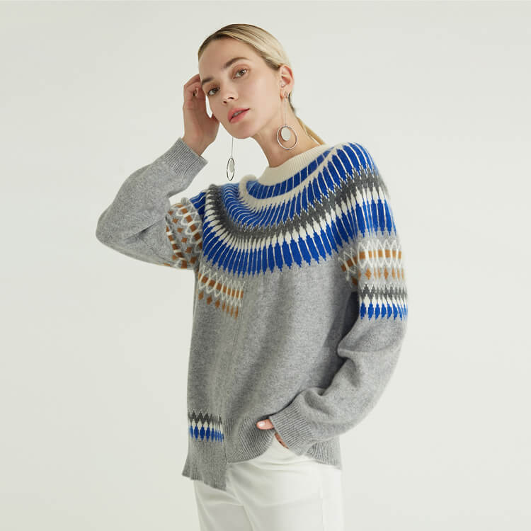 Pull col rond à manches longues en cachemire de style islandais pour femmes