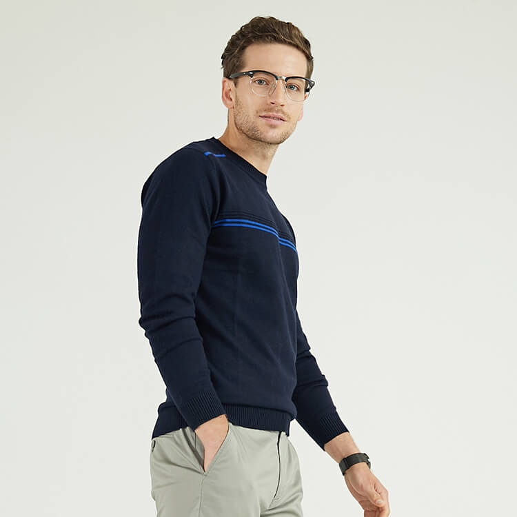 Pulls tricotés à col rond en intarsia bleu marine pour hommes sur mesure