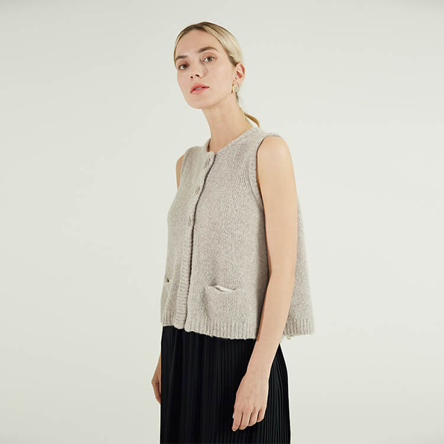 Gilet Femme Élégant Gris Poche Dos Mohair Pull Gilet Avec Double Lacets