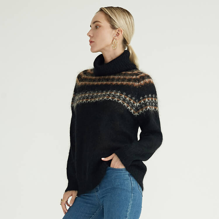 Pull en mohair pour femme de luxe noir à manches longues et col roulé