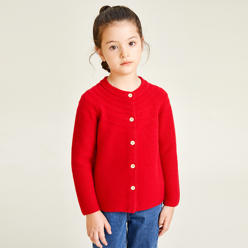 Cardigan rouge en tricot à manches longues, col rond, bouton décoratif pour filles