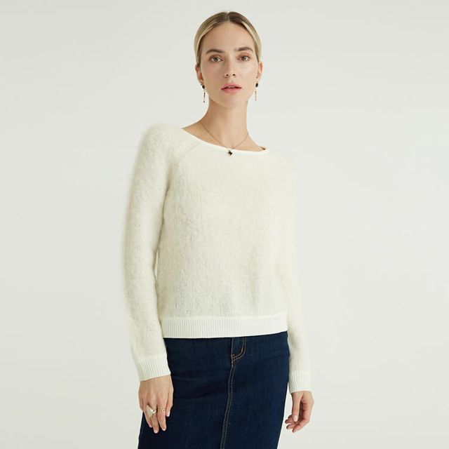 Solide col rond mode lâche pulls décontractés Mohair Crochet pull femmes