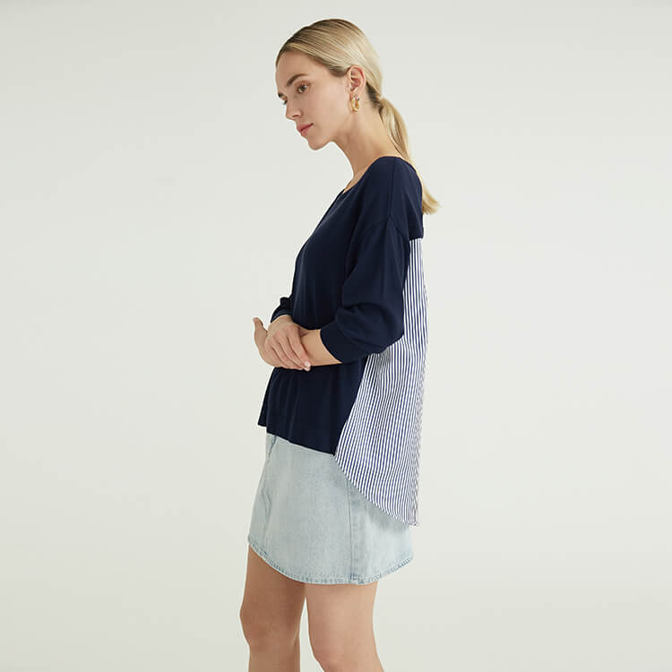 Pull tricoté de conception de panneau de tissu rayé bleu tissé pour des femmes